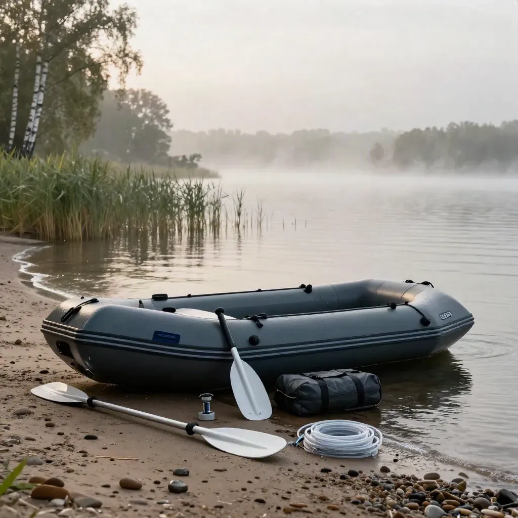Schlauchboot, Paddel und Pumpe am nassen Seeufer im Morgennebel.