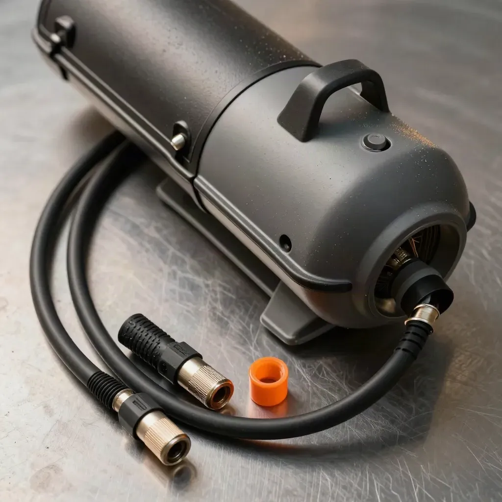 Makro-Flatlay einer Elektropumpe mit Schlauch, Kabel und Adaptern auf gebürstetem Metall.