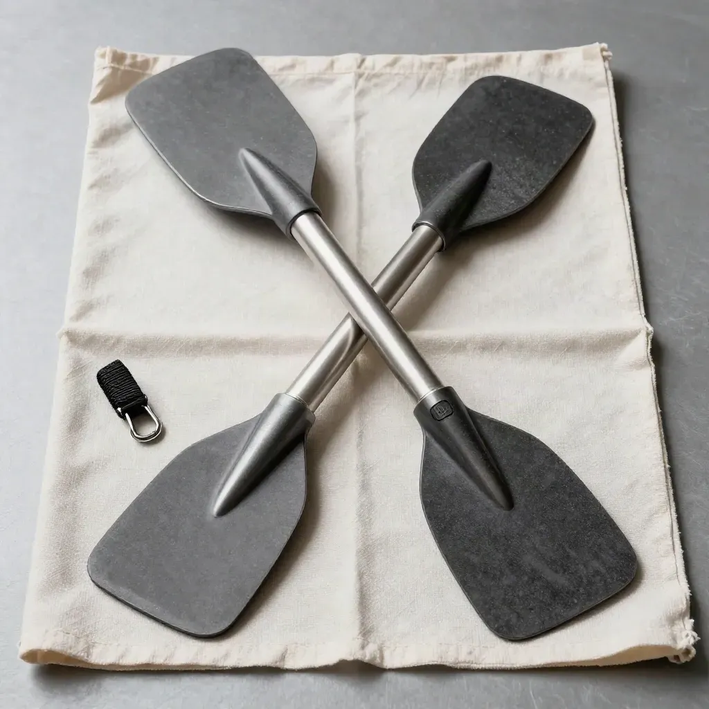 Alu-Paddel-Set mit zwei Paddeln, Gurten und Clip auf hellem Canvas, von oben arrangiert.