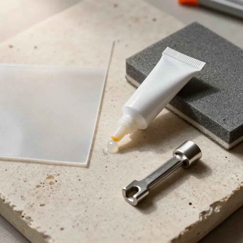 Makro eines PVC-Flicksets mit Kleber, Patchbogen, Schleifpad und Ventilschlüssel auf Travertin.