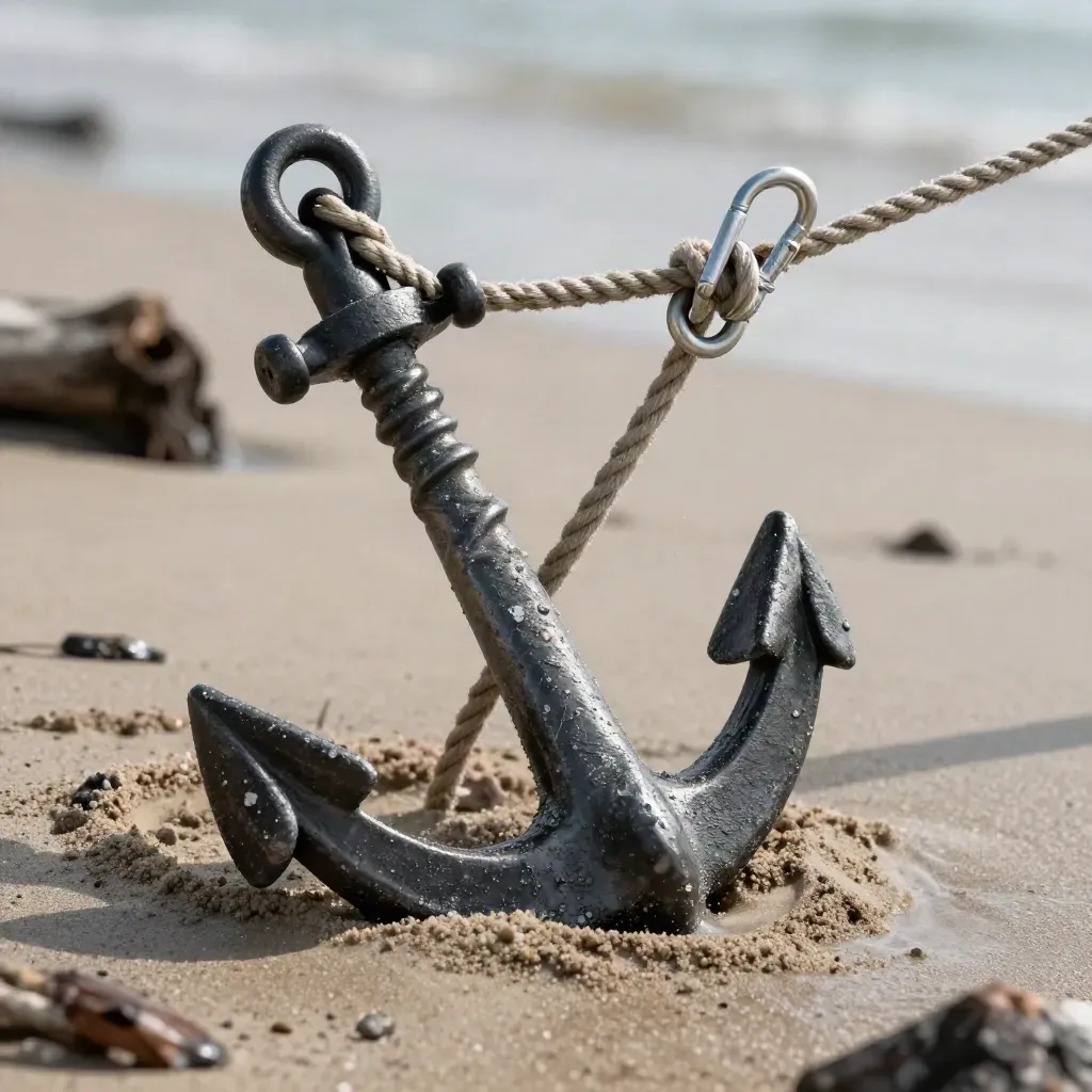 Makro eines Spiralankers im nassen Sand mit Tau und Karabiner, salzige Uferluft.