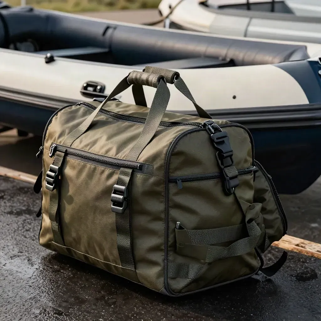 Halb geöffnete Bootstasche mit Tarp-Inlay und robusten Griffen im Bootsschuppen