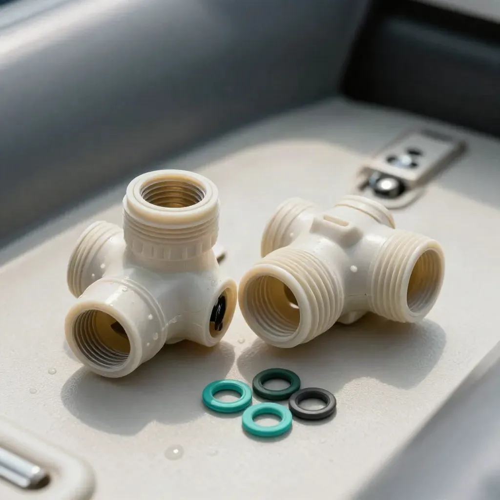 Makro von zwei PVC-Ventilen, Dichtungsringen und offenen Kappen auf hellem PVC.