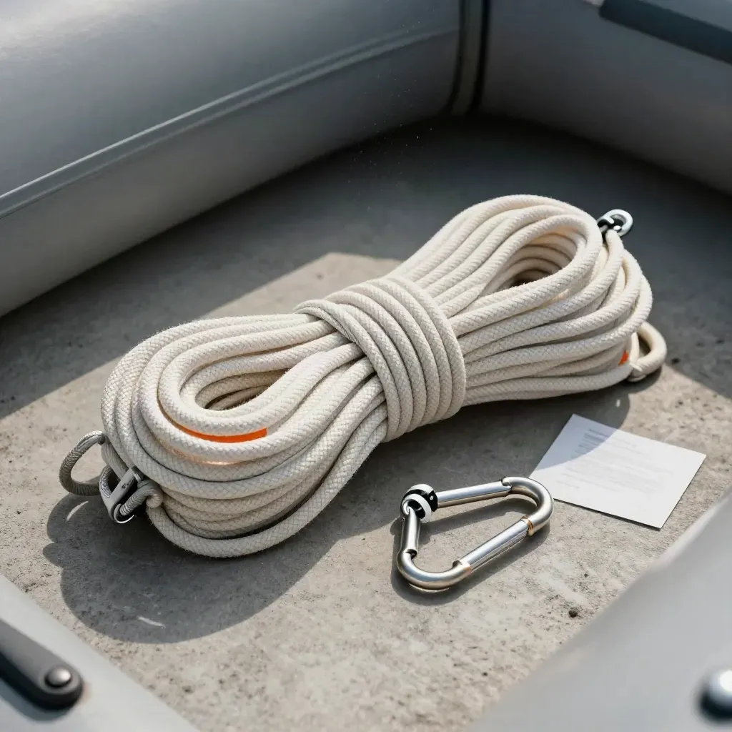 Aufgerollte Rettungsleine mit Karabiner auf kühlem Beton neben Bootszubehör