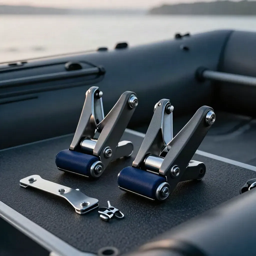 Angelhalter-Set für Schlauchboote auf dunkler Gummimatte, nautisch und hochwertig.